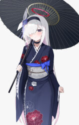 Rule 34 | 1girl, absurdres, black choker, black eyes, black hairband, black kimono, blue archive, blush, choker, closed mouth, colored inner hair, flower, hair flower, hair ornament, hair over one eye, hairband, halo, highres, holding, holding umbrella, japanese clothes, kimono, long hair, long sleeves, looking at viewer, multicolored hair, neranainerune, obi, oil-paper umbrella, pink hair, plana (blue archive), purple flower, red halo, sash, simple background, solo, umbrella, white background, white hair, wide sleeves