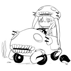 Rule 34 | 10s, 1girl, abubu, abyssal ship, cannon, car, greyscale, hair between eyes, headgear, i-class destroyer, kantai collection, kuchiku i-kyuu, long hair, monochrome, motor vehicle, no mouth, short sleeves, solo, steering wheel, teeth, turret, vehicle, vehicle focus, wo-class aircraft carrier