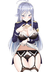 Rule 34 | 1girl, 86 -eightysix-, ahoge, black bra, black garter belt, black panties, blush, bow, bow panties, bra, breasts, cleavage, clothes lift, garter belt, gluteal fold, grey eyes, grey hair, hand up, highres, large breasts, lifting own clothes, long hair, looking at viewer, military, military uniform, navel, nervous smile, open clothes, open shirt, panties, raised eyebrows, simple background, skindentation, skirt, skirt lift, smile, solo, straight hair, thighhighs, thighs, underwear, uniform, vladilena millize, wavy mouth, white background, yuzu kiro