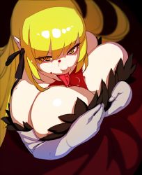 Rule 34 | 1girl, absurdres, bare shoulders, blonde hair, blood, breast lift, breast suppress, breasts, bust cup, cleavage, dress, elbow gloves, gloves, highres, kiss-shot acerola-orion heart-under-blade, kizumonogatari, large breasts, licking, long hair, monogatari (series), naze, oshino shinobu, pointy ears, ribbon, solo, tongue, tongue out, very long hair, yellow eyes