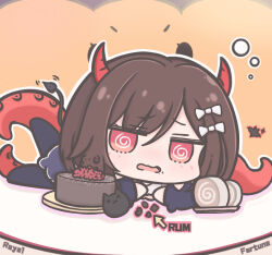 Rule 34 | 1girl, @ @, azur lane, black cat, brown hair, cat, character name, chibi, chibi only, chocolate, commentary, demon costume, demon tail, english text, futaba (anti clockwise), halloween, halloween costume, horns, long hair, looking at viewer, official alternate costume, open mouth, red eyes, red horns, royal fortune (azur lane), royal fortune (treats from the deep) (azur lane), symbol-only commentary, tail, tentacles