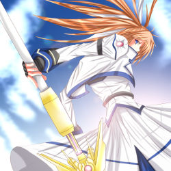 Rule 34 | 00s, 1girl, blue sky, emblem, from behind, holding, holding weapon, long hair, long sleeves, looking back, lyrical nanoha, magical girl, mahou shoujo lyrical nanoha, mahou shoujo lyrical nanoha strikers, raising heart, raising heart (exceed mode), rod, sky, solo, staff, takamachi nanoha, takamachi nanoha (exceed mode), twintails, uniform, very long hair, weapon