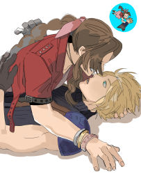 Rule 34 | 1boy, 1girl, aerith gainsborough, aqua eyes, armor, blonde hair, blue shirt, bracer, braid, brown hair, cloud strife, couple, cropped jacket, dress, final fantasy, final fantasy vii, final fantasy vii remake, girl on top, gloves, hair ribbon, hand in another&#039;s hair, highres, jacket, jewelry, necklace, newb ff7r, parted bangs, parted lips, pink dress, pink ribbon, red jacket, ribbon, shirt, shoulder armor, sidelocks, skirt, smile, spiked hair, square enix, suspender skirt, suspenders, wavy hair, white background