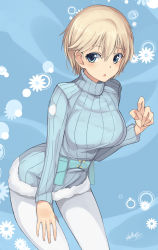Rule 34 | 1girl, artist name, bad id, bad pixiv id, belt, blonde hair, blue eyes, blue sweater, brave witches, commentary request, cowboy shot, emblem, floral background, hand on own thigh, leaning forward, looking at viewer, military, military uniform, momendoufu, nikka edvardine katajainen, open mouth, pantyhose, ribbed sweater, short hair, signature, solo, standing, sweater, turtleneck, uniform, utility belt, white pantyhose, world witches series