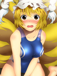 Rule 34 | 1girl, animal hat, barefoot, blonde hair, blush, breasts, collarbone, commentary request, competition swimsuit, embarrassed, fox tail, hat, highres, looking at viewer, medium breasts, mob cap, multiple tails, nose blush, one-piece swimsuit, open mouth, mob cap, seiza, sitting, swimsuit, tail, tassel, thighs, touhou, yadokari genpachirou, yakumo ran, yellow eyes