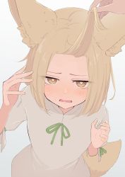 Rule 34 | 1girl, animal ear fluff, animal ears, blonde hair, blush, fox ears, fox tail, from above, green ribbon, highres, kanpa (campagne 9), kudamaki tsukasa, open mouth, ribbon, romper, short hair, short sleeves, simple background, solo, tail, tears, touhou, white background, white romper, yellow eyes