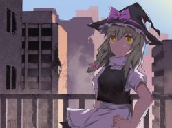 Rule 34 | 1girl, apron, black hat, black skirt, black vest, blonde hair, bow, building, city, closed mouth, commentary request, cookie (touhou), cowboy shot, expressionless, hair bow, hat, hat bow, highres, kirisame marisa, long hair, looking afar, pink bow, puffy short sleeves, puffy sleeves, purple bow, railing, rizeass, ruins, shirt, short sleeves, skirt, solo, touhou, turtleneck, uzuki (cookie), vest, waist apron, white apron, white shirt, witch hat, yellow eyes