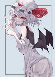 Rule 34 | 1girl, bat wings, bloomers, blue background, clenched teeth, commentary request, double v, fang, fingernails, grey hair, hair between eyes, hat, highres, looking at viewer, mob cap, pointy ears, red eyes, remilia scarlet, short hair, smile, solo, teeth, touhou, tsune (tune), underwear, v, white hat, wings