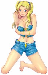 Rule 34 | 1girl, arm behind head, arm under breasts, arm up, artist request, bare arms, bare shoulders, barefoot, blonde hair, blue eyes, blue shorts, breasts, bustier, cleavage, closed mouth, collarbone, facial mark, facing viewer, full body, genderswap, genderswap (mtf), hair tie, happy, kneeling, long hair, looking to the side, lowres, medium breasts, midriff, naruko (naruto), naruto, naruto (series), navel, no bra, open clothes, open fly, open shorts, panties, sexy no jutsu, shorts, simple background, sitting, smile, solo, twintails, unbuttoned, underwear, unzipped, uzumaki naruto, whisker markings, whiskers, white background, yellow panties