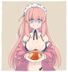 Rule 34 | 1girl, arm garter, bikini, black bikini, blue eyes, bocchi the rock!, breasts, commentary request, cube hair ornament, detached collar, food, frilled bikini, frills, gotoh hitori, hair between eyes, hair ornament, highres, jacket, ketchup, large breasts, long hair, long sleeves, looking at viewer, maid, maid bikini, maid headdress, mota, navel, nervous, nervous smile, off shoulder, omelet, omurice, one side up, pink hair, pink jacket, plate, shaded face, simple background, smile, solo, sweat, swimsuit, track jacket, trembling, unconventional maid