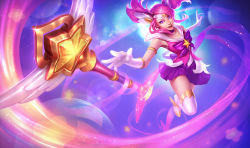 Rule 34 | 1girl, alternate costume, alternate hair color, armlet, boots, bow, choker, earrings, elbow gloves, gloves, hair ornament, jean go, jewelry, league of legends, lux (league of legends), magical girl, official art, pink eyes, pink hair, pleated skirt, purple skirt, ribbon, skirt, smile, solo, star guardian (league of legends), star guardian lux, thigh boots, thighhighs, tiara, twintails, wand, white gloves