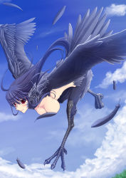 Rule 34 | 1girl, ahoge, black harpy, blue hair, breasts, censored, cloud, collarbone, convenient censoring, feather hair, feathered wings, feathers, flying, harpy, long hair, monster girl, mr. metabo, nude, original, red eyes, sidelocks, sky, smile, solo, talons, very long hair, winged arms, wings