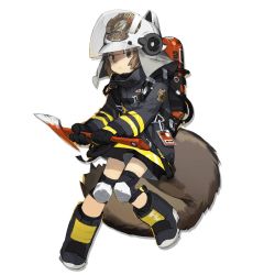 Rule 34 | 1girl, animal ears helmet, arknights, artist name, artist request, badge, belt, belt buckle, black background, black footwear, black jacket, blurry, boots, brown eyes, brown hair, buckle, commentary request, firefighter, firefighter jacket, full body, helmet, holding, holding hose, hose, jacket, knee pads, medium hair, no pupils, non-web source, official art, open mouth, pigeon-toed, shaw (arknights), simple background, solo, source request, squirrel tail, standing, strap, tail