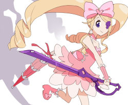 10s 1girl bad_id bad_pixiv_id blonde_hair blue_eyes boots bow choker closed_umbrella dress drill_hair earrings eyepatch female_focus hair_bow harime_nui jewelry kill_la_kill long_hair pink_bow pink_footwear red_medicine scissor_blade_(kill_la_kill) smile solo twin_drills twintails umbrella weapon wrist_cuffs