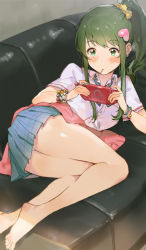 Rule 34 | 1girl, bangle, barefoot, blush, bracelet, clothes around waist, couch, ekao, feet, green eyes, green hair, hair ornament, handheld game console, heart, heart hair ornament, holding, jewelry, legs, lying, matching hair/eyes, on couch, on side, pleated skirt, ring, scrunchie, serizawa momoka, shirt, short sleeves, side ponytail, sidelocks, skirt, solo, sweater, sweater around waist, tokyo 7th sisters, wing collar