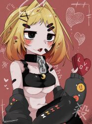 Rule 34 | 1girl, 24-year-old student, alternate costume, animal collar, bandaid, bandaid hair ornament, bandaid on arm, bandaid on cheek, bandaid on face, bandaid on forehead, black collar, black eyes, black sports bra, black thighhighs, blonde hair, blush, box, breasts, chain, collar, commentary request, cookie (touhou), cross-shaped pupils, detached sleeves, fang, gogogo (cookie), grey sleeves, hair intakes, hair ornament, heart, heart-shaped box, highres, holding, holding box, kirisame marisa, looking afar, medium breasts, medium hair, niconico, open mouth, red background, short bangs, smiley face, solo, sports bra, stitches, symbol-shaped pupils, thighhighs, touhou, underboob, upper body