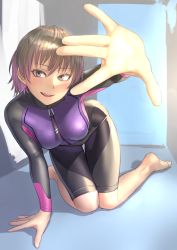 Rule 34 | 1girl, all fours, barefoot, blonde hair, bodysuit, brown eyes, day, diving suit, foreshortening, highres, indoors, kilye kairi, looking to the side, original, outstretched arm, skin tight, smile, solo, wetsuit