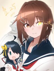 Rule 34 | 2girls, ahoge, black hair, blue sailor collar, blush, bow, brown eyes, brown hair, chibi, chibi inset, collared shirt, commentary, dated, double v, furutaka (kancolle), glowing, glowing eye, green eyes, hair between eyes, hair bow, hair ornament, hair over one eye, hair ribbon, hairclip, heterochromia, highres, kako (kancolle), kantai collection, looking at viewer, ma rukan, multiple girls, neckerchief, red neckerchief, ribbon, rigging, sailor collar, shirt, short hair, signature, simple background, smile, solo focus, symbol-only commentary, upper body, v, white shirt, yellow background, yellow bow, yellow eyes, yellow ribbon