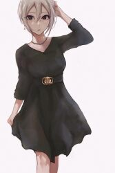 Rule 34 | 1girl, arm up, black dress, chain, chain necklace, dress, earrings, feet out of frame, grey hair, idolmaster, idolmaster cinderella girls, jewelry, looking at viewer, mochipuyo, necklace, shiomi syuko, short hair, simple background, solo, v-neck, white background