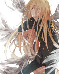 Rule 34 | 1boy, afuro terumi, blonde hair, feathered wings, gakuran, inazuma eleven, inazuma eleven (series), long hair, male focus, multiple wings, phoenix0, raimon, raimon school uniform, red eyes, school uniform, seraph, simple background, solo, very long hair, white background, wings
