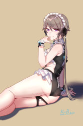 Rule 34 | 1girl, absurdres, arm support, artist name, ass, black ribbon, blue nails, blush, dated, detached collar, hair over one eye, hair ribbon, hand to own mouth, hfp~kubiao, highres, honkai (series), honkai impact 3rd, long hair, looking at viewer, lying, maid headdress, nail polish, one-piece swimsuit, purple eyes, ribbon, rita rossweisse, rita rossweisse (phantom iron), short hair, short hair with long locks, signature, smile, solo, swimsuit, thigh strap, thighs, wrist cuffs