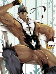 Rule 34 | 1boy, abs, absurdres, bangs, bara, bare pecs, biceps, covered abs, covered navel, creatures (company), dark skin, dark skinned male, ear piercing, erection, facial hair, feet out of frame, game freak, gen 8 pokemon, gluteal fold, grey hair, headband, highres, huge nipples, kimakkun, large pectorals, legendary pokemon, male focus, mature male, muscular, muscular male, nintendo, nipples, nude, penis, personification, piercing, pokemon, revealing clothes, short hair, sitting, solo, spread legs, stomach, stubble, testicles, thick thighs, thighs, uncensored, urshifu, veins, veiny penis