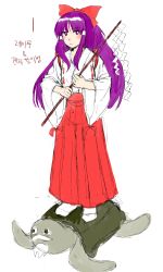 Rule 34 | 1boy, 1girl, absurdres, beard, blunt bangs, bow, closed mouth, commentary request, derivative work, detached sleeves, facial hair, full body, genjii (touhou), gohei, hair bow, hakama, hakama pants, hakurei reimu, hakurei reimu (pc-98), highly responsive to prayers, highres, holding, japanese clothes, korean commentary, kuya (hey36253625), light blush, long hair, long sleeves, looking at viewer, lotus land story, miko, no shoes, pants, purple eyes, purple hair, red bow, red hakama, ribbon trim, sidelocks, simple background, socks, touhou, touhou (pc-98), translation request, turtle, white background, white legwear, wide sleeves