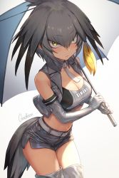 Rule 34 | 1girl, adapted costume, bare shoulders, belt, bird tail, bird wings, blonde hair, clothes writing, collared shirt, commentary request, cowboy shot, crop top, detached collar, elbow gloves, gloves, green eyes, grey hair, guchico, hair tie, head wings, holding, holding umbrella, jacket, kemono friends, midriff, multicolored hair, navel, necktie, race queen, shirt, shoebill (kemono friends), short hair, short shorts, shorts, solo, tail, umbrella, wings, yellow eyes
