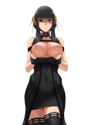 Rule 34 | 1girl, black dress, black gloves, black thighhighs, braid, breasts, breasts out, choker, clothes pull, commentary, cowboy shot, dress, dress pull, fingerless gloves, flashing, flower, gloves, hair bun, hair flower, hair ornament, hairband, half-closed eyes, highres, large breasts, looking at viewer, mikame v2, nipples, red eyes, rose, shaded face, sidelocks, simple background, single hair bun, smile, solo, spy x family, thighhighs, white background, yor briar