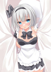Rule 34 | 1girl, alternate costume, apron, bed sheet, black bow, black bowtie, black hairband, black ribbon, blue eyes, blush, bow, bowtie, breasts, cleavage, detached collar, embarrassed, enmaided, grey hair, hair ribbon, hairband, konpaku youmu, konpaku youmu (ghost), looking at viewer, maid, maid apron, medium breasts, open mouth, ribbon, sheet grab, short hair, solo, sweatdrop, thighs, tosakaoil, touhou, white apron, white hair