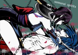 Rule 34 | 1boy, 1girl, basara (samurai spirits), black hair, blue eyes, blue hair, highres, samurai spirits, shiki (samurai spirits), snk, sword, weapon