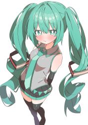 Rule 34 | 1girl, absurdres, arms behind back, black footwear, black skirt, black sleeves, blush, boots, bright pupils, closed mouth, collared shirt, detached sleeves, foreshortening, green eyes, green hair, green necktie, grey shirt, hair ornament, hatsune miku, highres, long hair, looking at viewer, necktie, perspective, pleated skirt, pout, shirt, simple background, skirt, sleeveless, sleeveless shirt, solo, standing, thigh boots, twintails, uruti 2388, very long hair, vocaloid, white background, white pupils