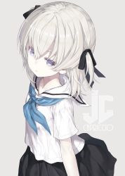 Rule 34 | 1girl, absurdres, artist name, black bow, black skirt, blue neckerchief, bow, capriccio, child, closed mouth, commentary, grey background, hair between eyes, hair bow, highres, long hair, looking at viewer, mashiro icone, neckerchief, original, pleated skirt, purple eyes, sailor collar, school uniform, serafuku, shirt, short sleeves, silver hair, simple background, skirt, solo, two side up, watermark, white sailor collar, white shirt