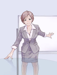 Rule 34 | 1girl, blush, brown eyes, brown hair, cover, cover image, earrings, formal, highres, jacket, jewelry, looking at viewer, office lady, original, parted bangs, pencil skirt, short hair, skirt, skirt suit, smile, solo, suit, table, whiteboard, yoshikawa kazunori