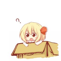 Rule 34 | 1girl, ?, amazon (company), blonde hair, blush stickers, bow, box, chibi, embodiment of scarlet devil, fang, female focus, hair bow, hair ribbon, in box, in container, kohsan , kousa (black tea), open mouth, red eyes, ribbon, rumia, solo, touhou