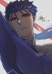 Rule 34 | 1boy, arm up, armor, blue bodysuit, blue hair, bodysuit, bright pupils, closed mouth, cu chulainn (fate), cu chulainn (fate/stay night), dated, earrings, expressionless, fate/stay night, fate (series), gae bolg (fate), grey background, highres, jewelry, long hair, looking at viewer, male focus, princess666, red eyes, shoulder armor, signature, simple background, slit pupils, solo, upper body