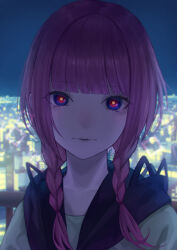 Rule 34 | 1girl, backlighting, blue eyes, blue jacket, blunt bangs, blurry, blurry background, braid, city, city lights, closed mouth, collarbone, commentary, head tilt, highres, histoire-ange, hood, hooded jacket, jacket, kaf (kamitsubaki studio), kamitsubaki studio, looking at viewer, low twin braids, multicolored clothes, multicolored eyes, multicolored jacket, night, pink hair, portrait, railing, red eyes, shirt, skyline, solo, twin braids, two-tone jacket, virtual youtuber, white jacket, white shirt, yellow pupils