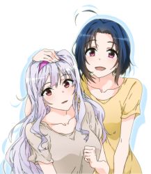 Rule 34 | 2girls, :d, ahoge, bad id, bad pixiv id, blue hair, collarbone, grey shirt, hairband, hand on another&#039;s head, idolmaster, idolmaster (classic), looking at viewer, miura azusa, multiple girls, open mouth, purple hairband, red eyes, shadow, shijou takane, shirt, short hair, short sleeves, sidarim, simple background, smile, upper body, white background, yellow shirt