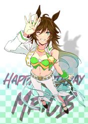 Rule 34 | 1girl, 7nosuke, absurdres, ahoge, animal ears, arm strap, arm up, bare shoulders, black footwear, blue eyes, brown hair, character name, checkered background, choker, collarbone, commentary request, crop top, full body, green shirt, grin, hair between eyes, happy birthday, hat, highres, horse ears, jacket, long hair, long sleeves, looking at viewer, midriff, mini hat, mini top hat, mr. c.b. (umamusume), navel, one eye closed, open clothes, open jacket, pants, shirt, shoes, smile, solo, standing, stomach, strapless, strapless shirt, top hat, umamusume, white background, white hat, white jacket, white pants, yellow choker