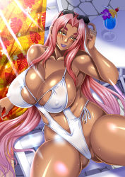 Rule 34 | 1girl, blush, breasts, cleavage, clothing cutout, covered erect nipples, cup, dark-skinned female, dark skin, drinking glass, drinking straw, female focus, gluteal fold, highleg, highleg swimsuit, highres, huge breasts, ingrid (taimanin asagi), long hair, looking at viewer, mifune seijirou, mole, mole under mouth, navel, navel cutout, one-piece swimsuit, parted lips, pink hair, poolside, purple lips, shiny skin, smile, sunglasses, sunglasses on head, swimsuit, taimanin (series), taimanin rpgx, very long hair, white one-piece swimsuit, wide hips, yellow eyes
