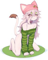 Rule 34 | 1girl, :3, animal feet, artist name, beanie, body fur, bottomless, breasts, cat girl, cat tail, cattail (plants vs zombies), collar, commentary, cropped sweater, digitigrade, english commentary, full body, furry, furry female, green sweater, hair between eyes, hat, hat with ears, heart, heart-shaped pupils, highres, light blush, lily pad (plants vs zombies), long hair, long sleeves, looking at viewer, pink hat, plants vs zombies, ringed eyes, sitting, sleeves past wrists, small breasts, smile, solo, striped clothes, striped sweater, sweater, symbol-shaped pupils, tail, white fur, white hair, yoako
