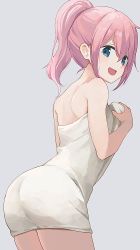 Rule 34 | 1girl, :d, bare shoulders, blue eyes, commentary request, grey background, hair between eyes, highres, hiroki (yyqw7151), kagamihara nadeshiko, naked towel, open mouth, pink hair, ponytail, short hair, simple background, smile, solo, thighs, towel, yurucamp