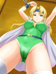 Rule 34 | 1990s (style), 1girl, armor, belt, blonde hair, blue eyes, bracer, breasts, cameltoe, cape, celes chere, cuffs, final fantasy, final fantasy vi, from below, headband, highres, hou (hachiyou), large breasts, legs, leotard, long hair, looking down, pauldrons, restrained, retro artstyle, shackles, shoulder armor, solo, spread legs, square enix, thighhighs, thighs, white thighhighs