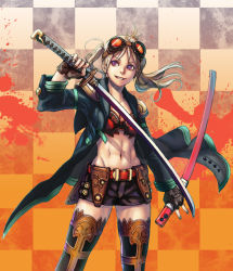 Rule 34 | 1girl, abs, anikix, belt, blonde hair, blue jacket, checkered background, fingerless gloves, gloves, goggles, goggles on head, highres, jacket, katana, midriff, navel, original, purple eyes, sheath, short shorts, shorts, smile, solo, sword, thighhighs, twintails, weapon