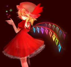 Rule 34 | 1girl, adapted costume, blonde hair, darkness, dress, flandre scarlet, glowing, glowing wings, hat, hat ribbon, mob cap, puffy short sleeves, puffy sleeves, red dress, red eyes, ribbon, see-through, shaded face, short sleeves, slit pupils, solo, star (symbol), touhou, uma (ninjin misaki), wings