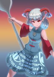 Rule 34 | :3, absurdres, blue skirt, blue vest, closed mouth, curly hair, detached sleeves, earrings, eye print, gradient background, highres, horizontal pupils, horn ornament, horn ribbon, horns, jewelry, meandros, oversized object, patterned clothing, pointy ears, rectangular pupils, red eyes, red horns, red sleeves, ribbon, sheep horns, skirt, touhou, toutetsu yuuma, utensil, vest, white hair, yuu ill