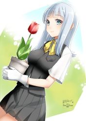 Rule 34 | 1girl, blue hair, cowboy shot, dutch angle, flower, gloves, grey eyes, grey skirt, grey vest, hatsukaze (kancolle), highres, hime cut, holding, kantai collection, kimura shiki, one-hour drawing challenge, plant, potted plant, school uniform, shirt, skirt, solo, tulip, vest, white gloves, white shirt