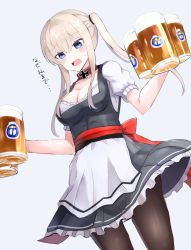Rule 34 | 1girl, alcohol, alternate costume, apron, bad id, bad pixiv id, beer, beer mug, black dress, blonde hair, blue background, blue eyes, blush, bow, breasts, brown pantyhose, cleavage, collar, cowboy shot, cross, cup, dirndl, dress, dutch angle, frilled dress, frills, german clothes, graf zeppelin (kancolle), hair tie, highres, holding, iron cross, kantai collection, long hair, looking down, medium breasts, mug, nonon (xenonbot), pantyhose, red bow, sash, short sleeves, sidelocks, simple background, skirt, solo, standing, sweat, translated, twintails, waist apron, white apron