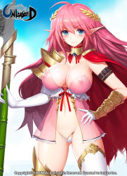 Rule 34 | 1girl, blue eyes, blush, breasts, c-string, cleavage, covered erect nipples, elf, large breasts, long hair, looking at viewer, maebari, navel, official art, original, pink hair, pointy ears, see-through, smile, snowball22, solo, strapless bottom, unleashed