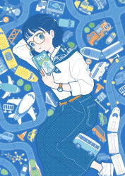 Rule 34 | 1girl, absurdres, aircraft, airplane, belt, blue eyes, blue hair, blue nails, blue pants, blue theme, blush, book, brown-framed eyewear, brown belt, collared shirt, glasses, helicopter, highres, holding, holding book, long sleeves, motor vehicle, original, pants, parted lips, polka dot pants, shirt, shirt tucked in, shoes, short hair, solo, traffic cone, train, tree, truck, watch, white footwear, white shirt, wristwatch, yoshimon
